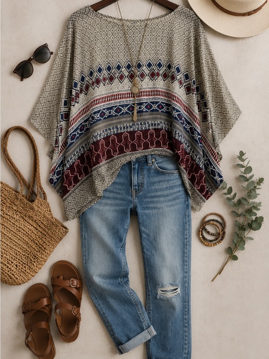 Ardene Tops - Ardene Colorful Boho Aztec Poncho Blouse Oversized Bohemian Cape Top M/L